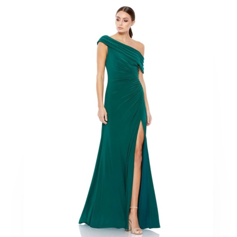 Mac Duggal Emerald Green Foldover Off the Shoulder High Slit Gown Size 12